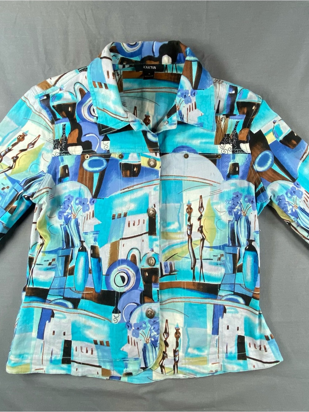 Kaktus Blue Abstract Print Button-Front Women's Top